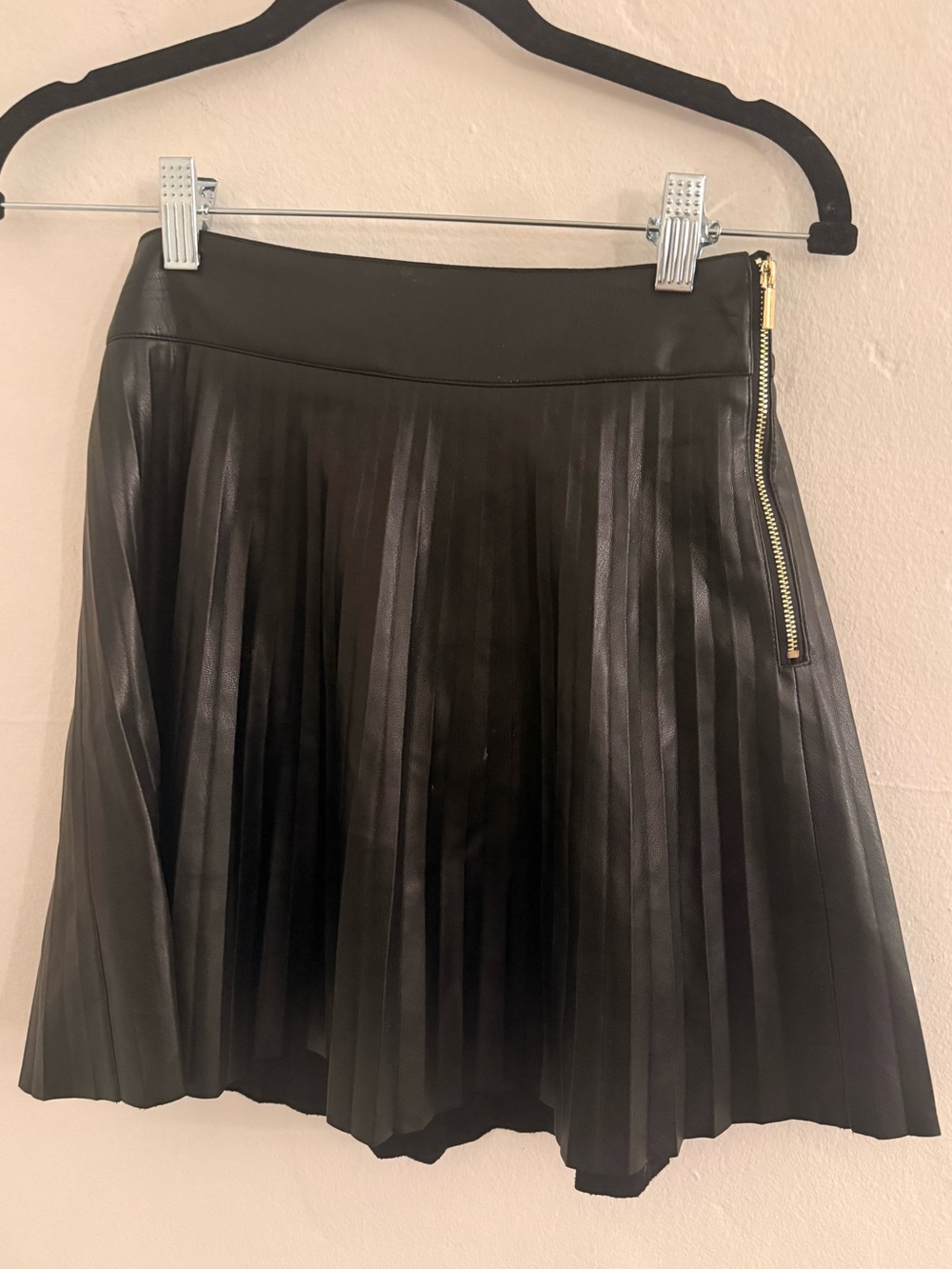 bebe Black Pleated Faux Leather Skater Skirt with Gold Zip